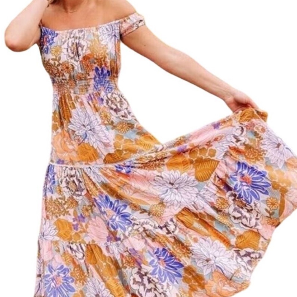 Anthro's Abel the Label Off the Shoulder Garden Party Maxi Dress w Smocked Waist - Picture 13 of 13